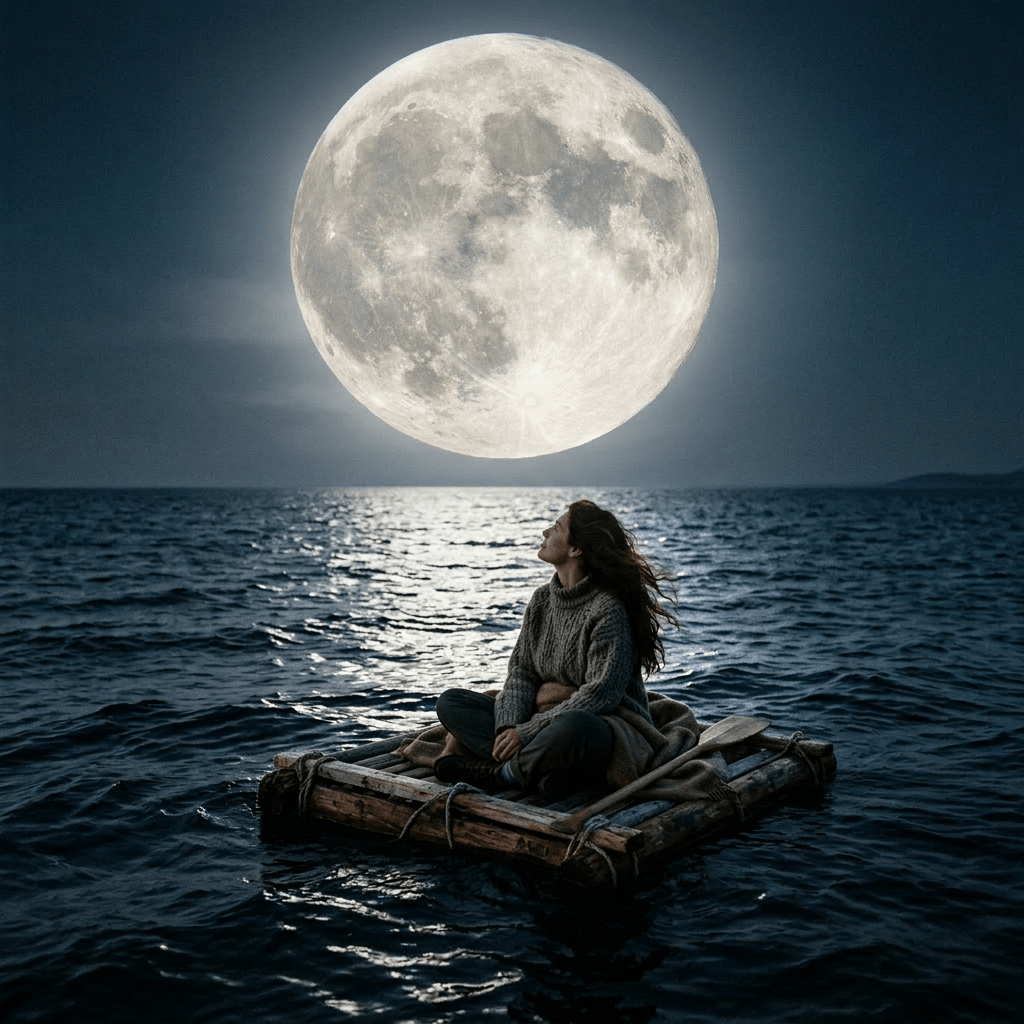 Woman sitting cross-legged on a wooden raft in the ocean at night looking at a full moon